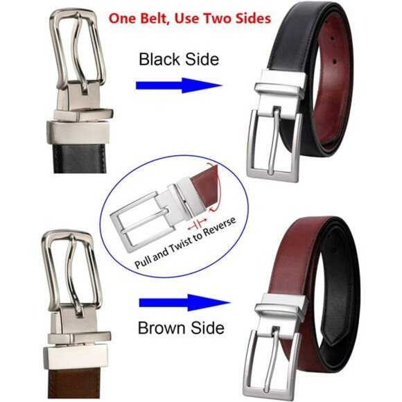 Reversible Mens Leather Belt Black Brown Italian Dress Casual Trim to Fit - Picture 4 of 7